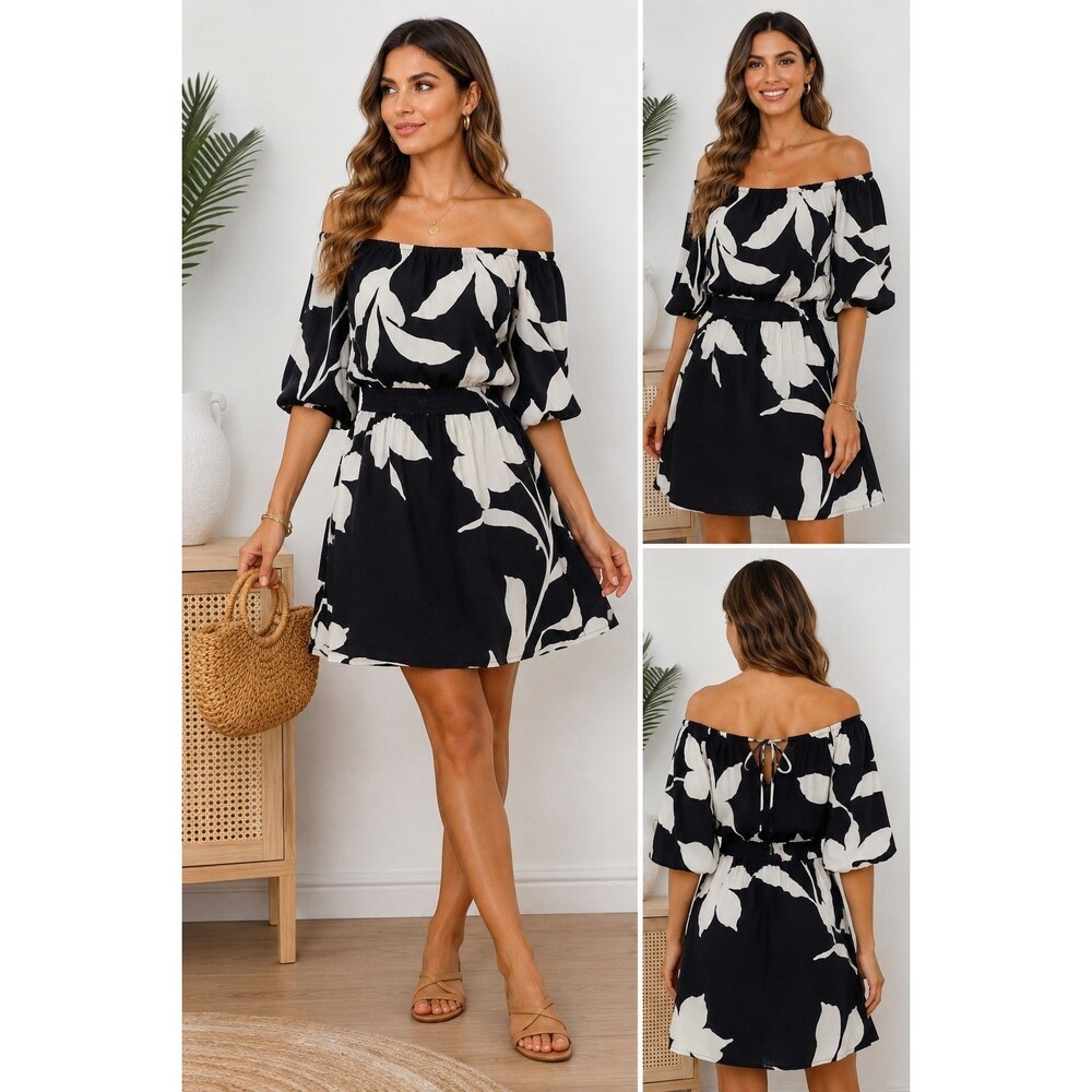 Nine West Women's Off Shoulder Floral Dress Black White Smocked Waist Size S